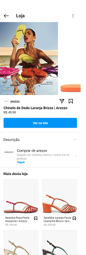 A imagem mostra a loja virtual do Instagram Shopping da Arezzo.