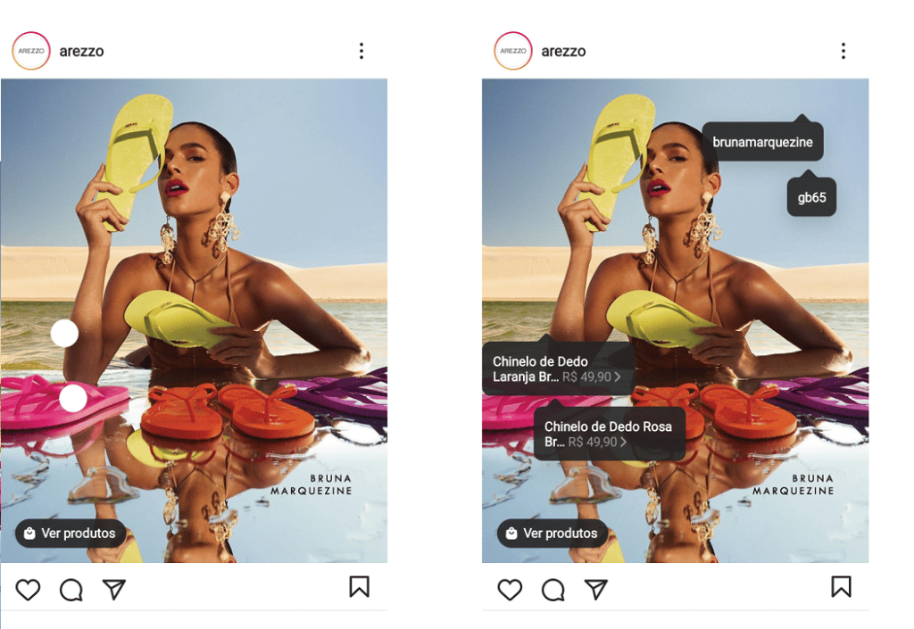 Na foto, há duas imagens: uma antes do usuário clicar na publicação e outra que mostra as tags do Instagram Shopping quando os usuários clicam na foto.
