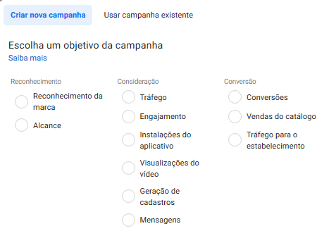 A imagem mostra todas as opções de objetivos de anúncios no Facebook Ads.
