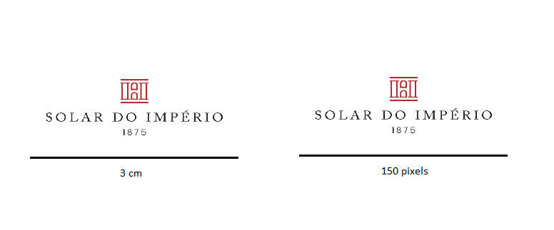 A imagem mostra a identidade visual do nosso cliente Solar do Império no máximo que ele pode ser reduzido na horizontal. A imagem à direita mostra que é até 3cm e à esquerda até 150 pixels
