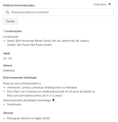 A imagem mostra as variedades de personalização que podemos fazer no Facebook Ads.