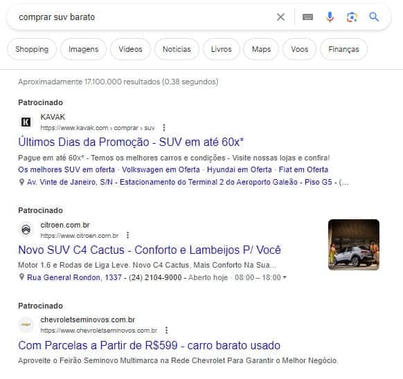 Exemplo de campanha de Links Patrocinados