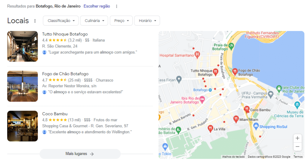 Imagem mostra resultados de uma pesquisa por restaurantes em Botafogo